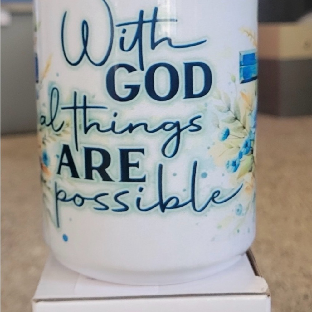 MUG COFFEE W/HANDLE WITH GOD ALL THINGS ARE POSSIBLE  HANDMADE NIB